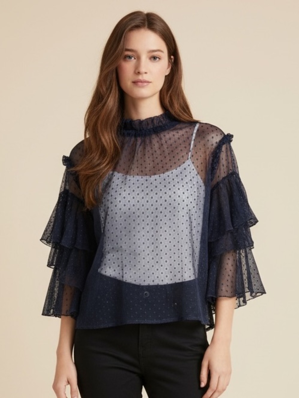 Whimsygoth style Tulle Navy Sheer Dot Ruffle Flare Sleeve Blouse. Regency. Fairy